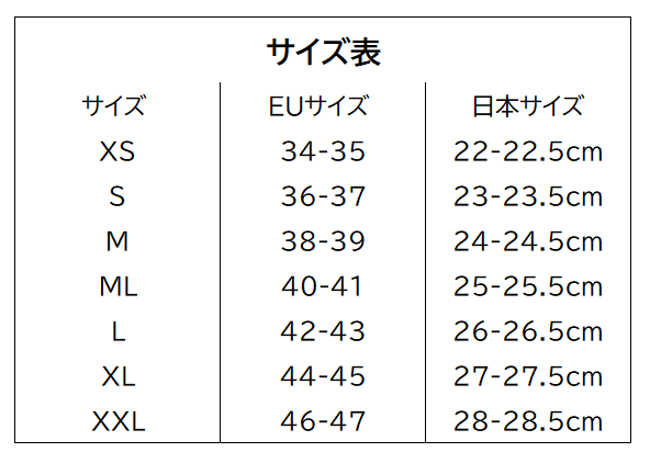 Shallow walker 浅場向けダイビングフィン サイズ表